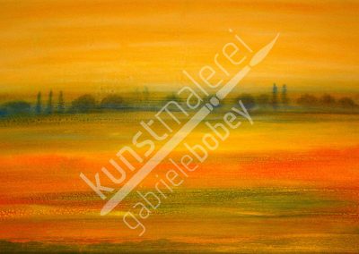 Das Ölgemälde zeigt eine Landschaftsmalerei in orange-gelben Farbtönen