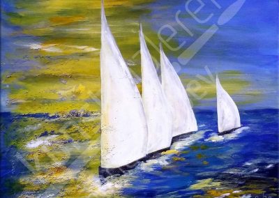 Acrylmalerei maritim mit abstrakten Segelbooten auf hoher See