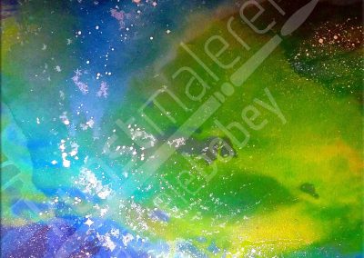 Kontrastreiche Acrylmalerei mit abstraktem Universum in Grün auf Leinwand