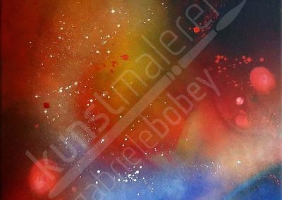 Farbintensives Acrylbild als Schüttbild mit Universum Motiv in Rot