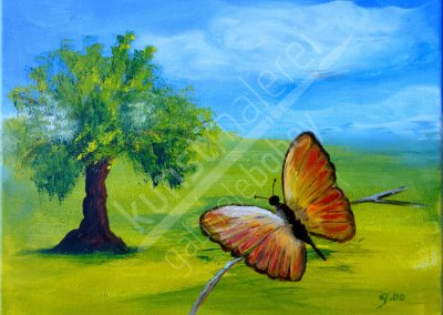 Wunderschöner Schmetterling auf einer Wiese mit Baum in Acrylfarben