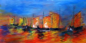 Abstrakte Acrylmalerei mit Fischerbooten auf dem Meer bei Sonnenuntergang