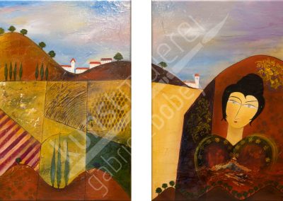 Abstrakte Landschaft in Erdtönen mit Bergen und einer jungen Frau in Acryl